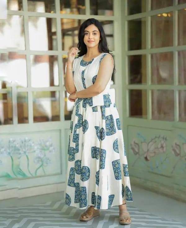 Women’s White & Blue Printed Cotton Co-Ord Set | Sleeveless Top with Flared Long Skirt | Stylish Summer Ethnic Wear for Women