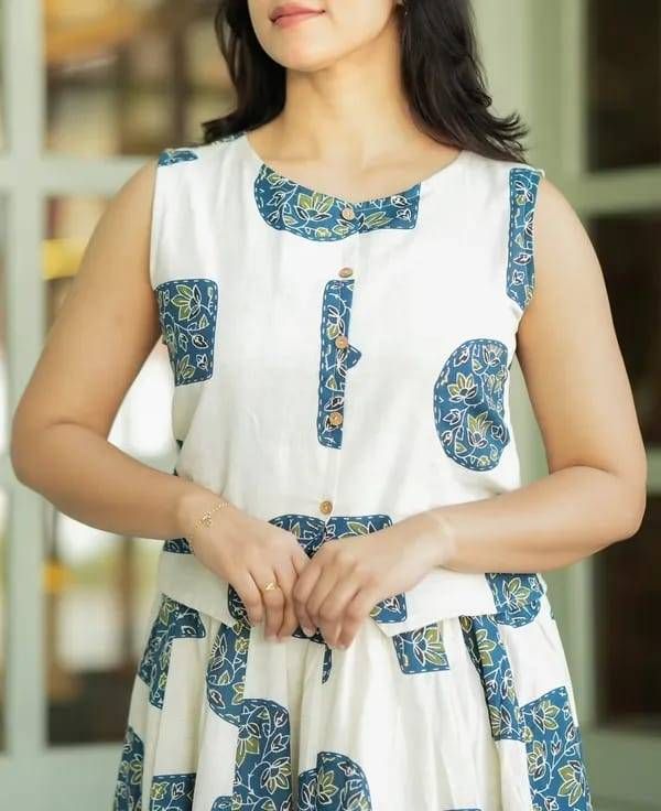 Women’s White & Blue Printed Cotton Co-Ord Set | Sleeveless Top with Flared Long Skirt | Stylish Summer Ethnic Wear for Women