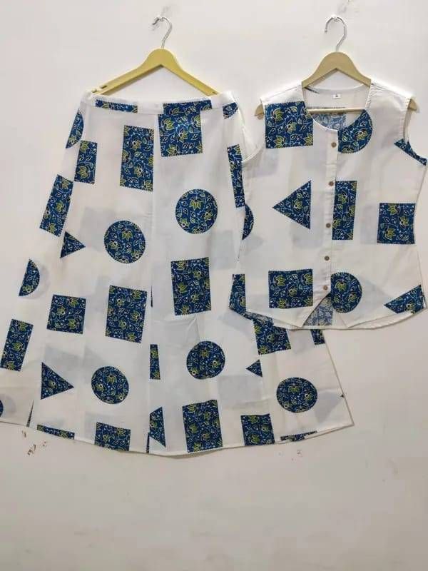 Women’s White & Blue Printed Cotton Co-Ord Set | Sleeveless Top with Flared Long Skirt | Stylish Summer Ethnic Wear for Women