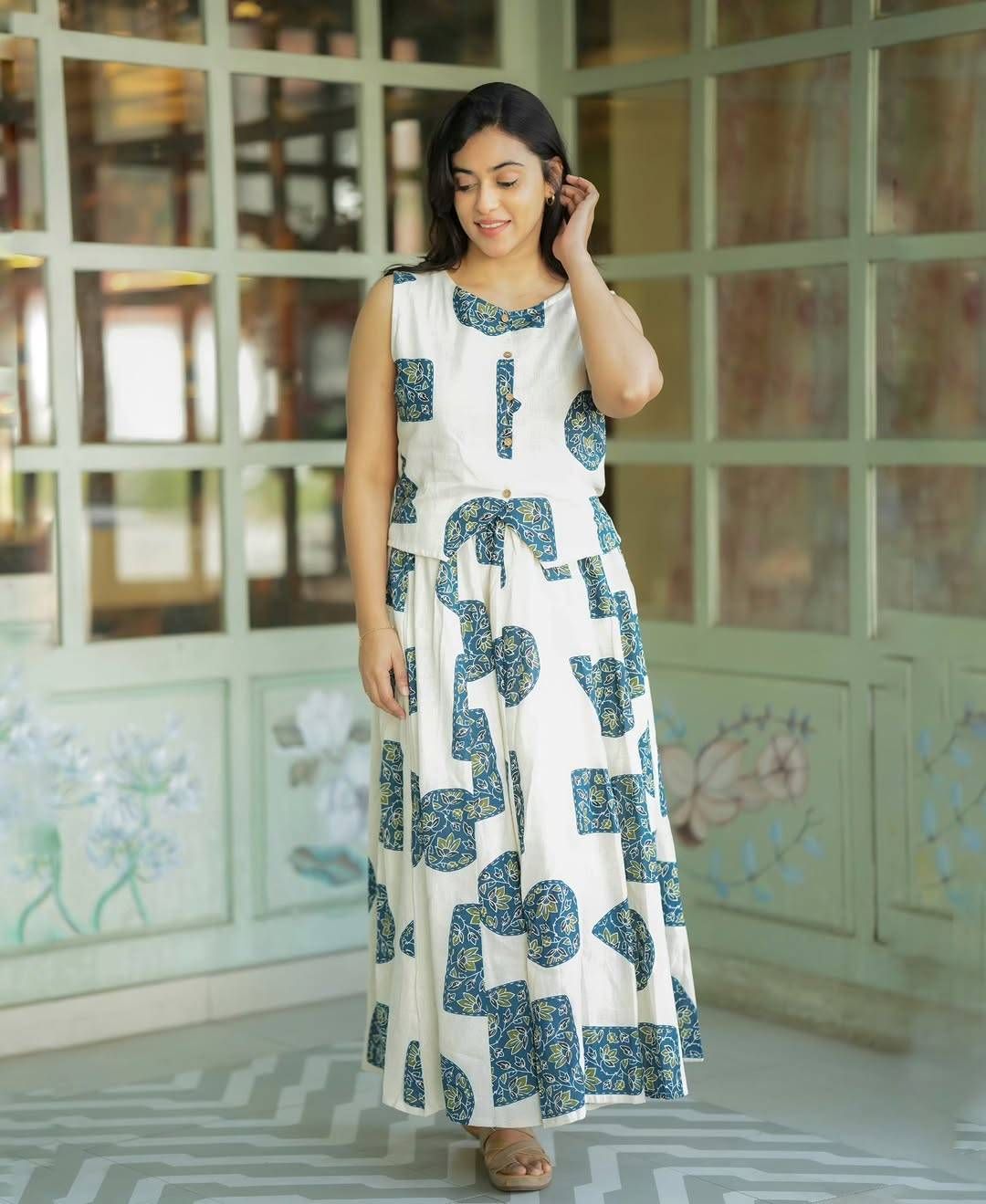 Women’s White & Blue Printed Cotton Co-Ord Set | Sleeveless Top with Flared Long Skirt | Stylish Summer Ethnic Wear for Women
