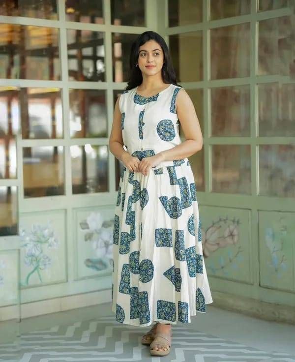 Women’s White & Blue Printed Cotton Co-Ord Set | Sleeveless Top with Flared Long Skirt | Stylish Summer Ethnic Wear for Women