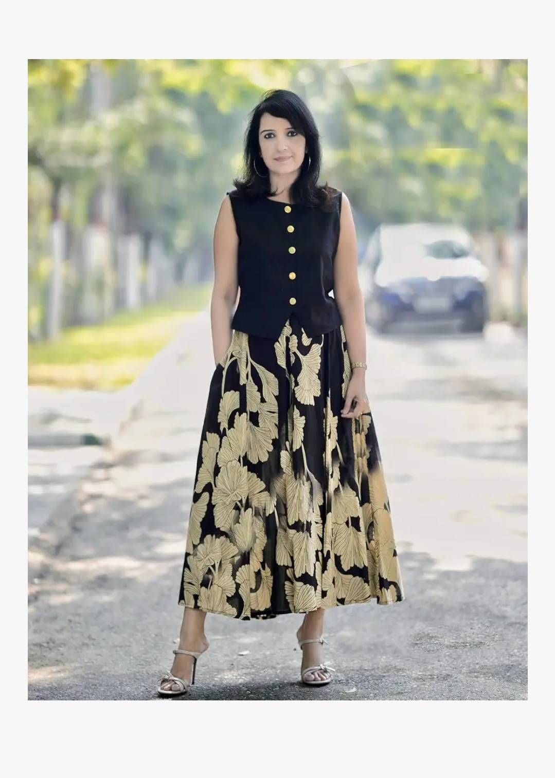 Women’s Black Floral Printed Co-Ord Set | Sleeveless Button Top with Flared Long Skirt | Elegant Indo-Western Outfit for Women