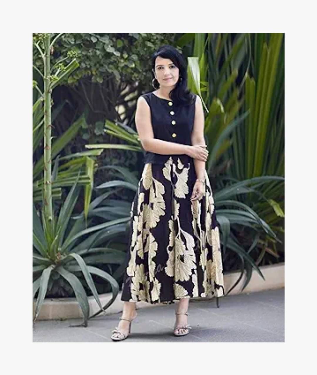 Women’s Black Floral Printed Co-Ord Set | Sleeveless Button Top with Flared Long Skirt | Elegant Indo-Western Outfit for Women