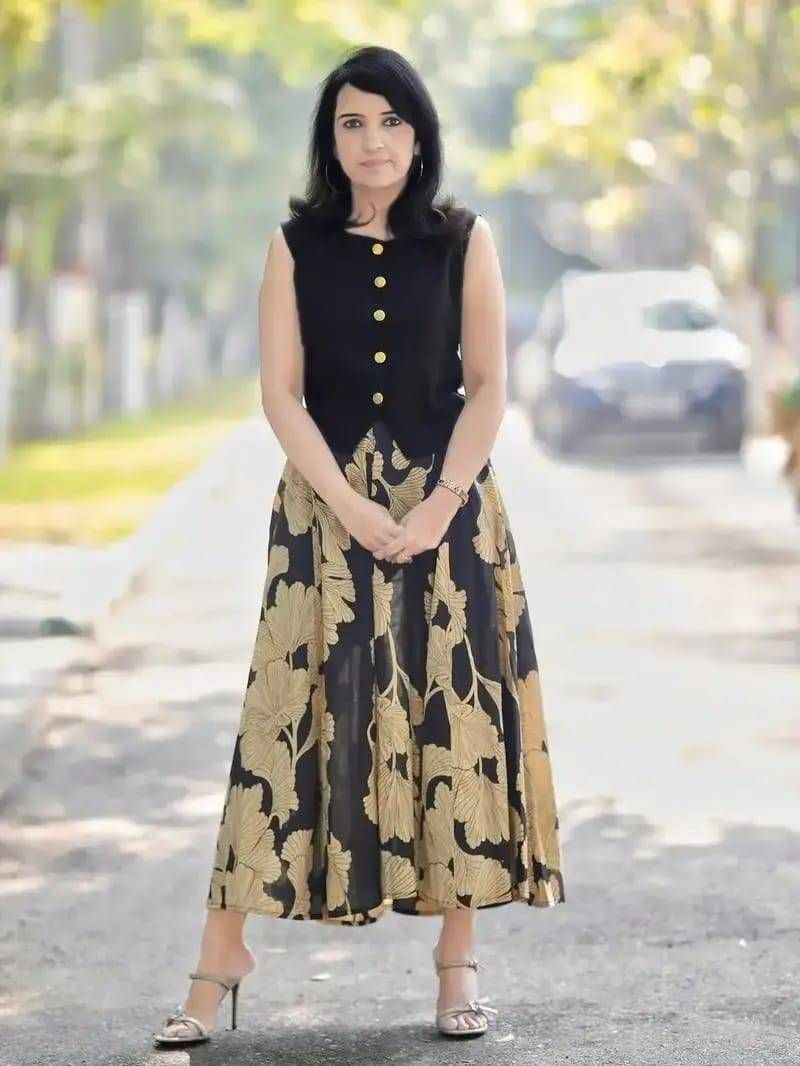 Women’s Black Floral Printed Co-Ord Set | Sleeveless Button Top with Flared Long Skirt | Elegant Indo-Western Outfit for Women