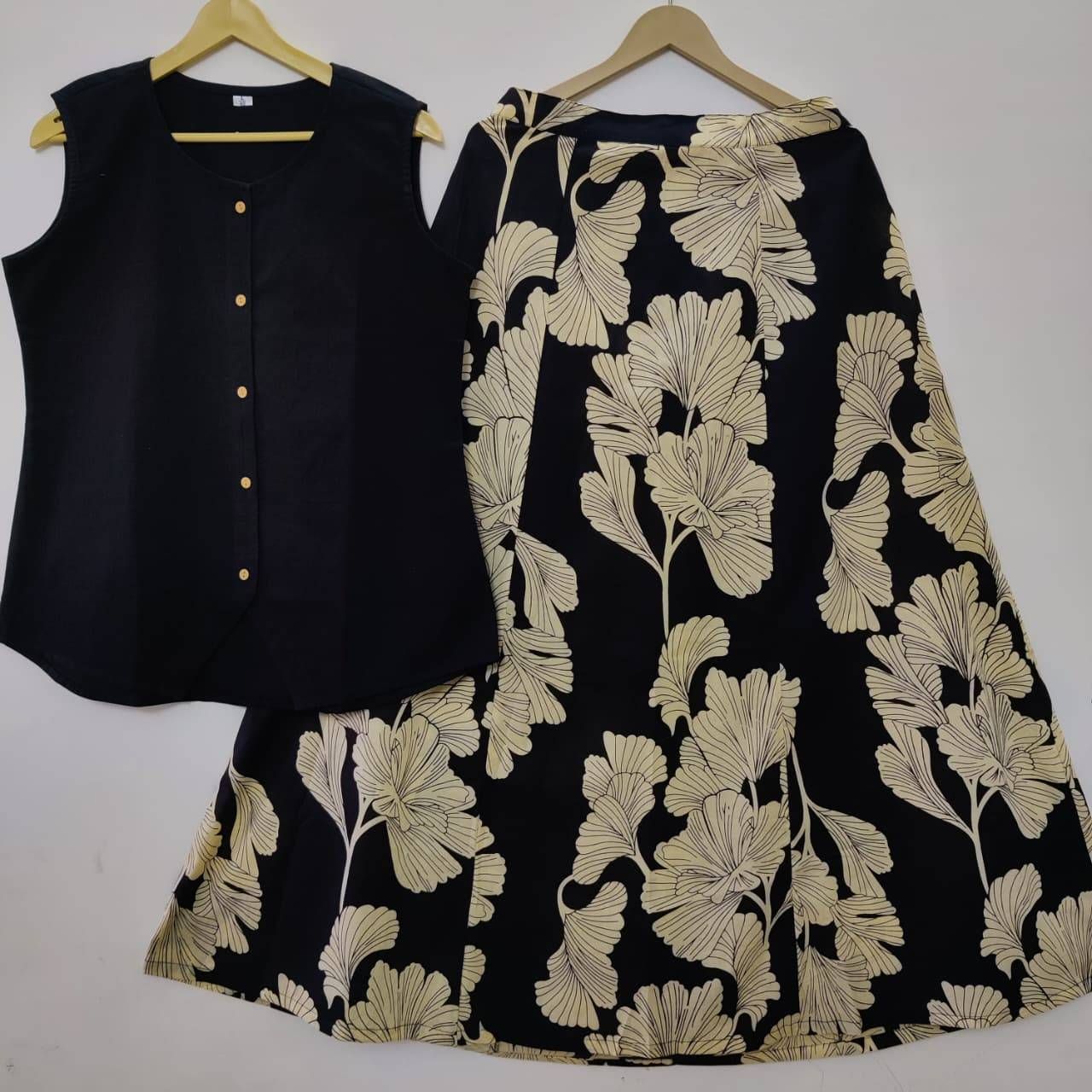 Women’s Black Floral Printed Co-Ord Set | Sleeveless Button Top with Flared Long Skirt | Elegant Indo-Western Outfit for Women