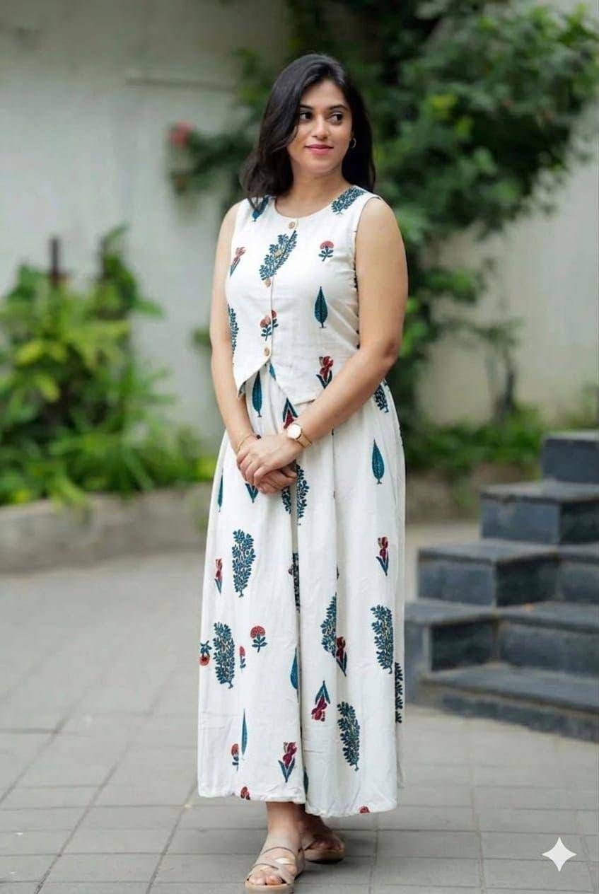 Women’s White Printed Cotton Co-Ord Set | Sleeveless Top with Flared Maxi Skirt | Elegant Indo-Western Summer Outfit for Women