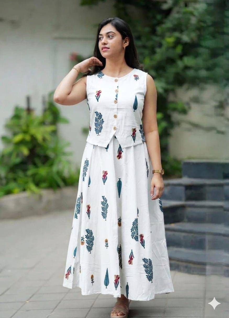 Women’s White Printed Cotton Co-Ord Set | Sleeveless Top with Flared Maxi Skirt | Elegant Indo-Western Summer Outfit for Women
