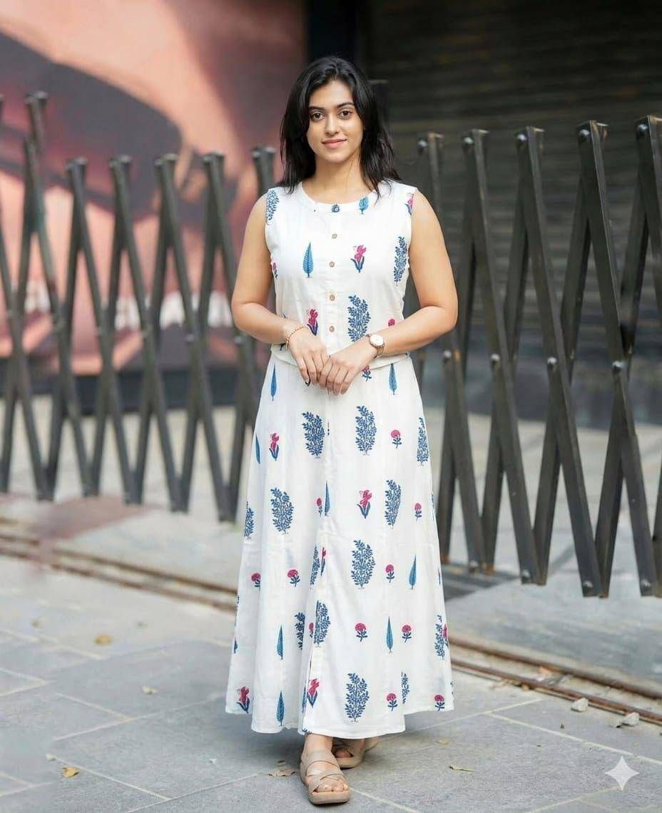 Women’s White Printed Cotton Co-Ord Set | Sleeveless Top with Flared Maxi Skirt | Elegant Indo-Western Summer Outfit for Women