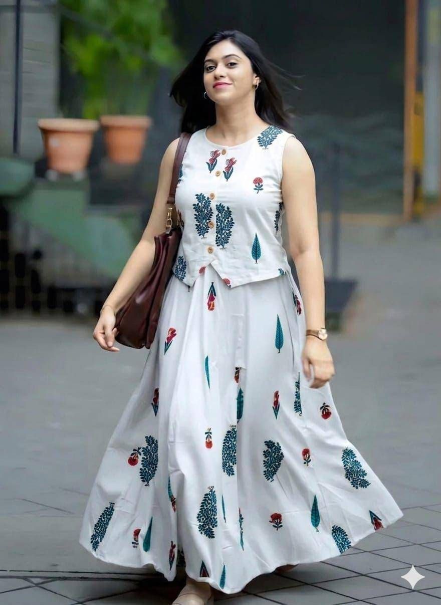 Women’s White Printed Cotton Co-Ord Set | Sleeveless Top with Flared Maxi Skirt | Elegant Indo-Western Summer Outfit for Women