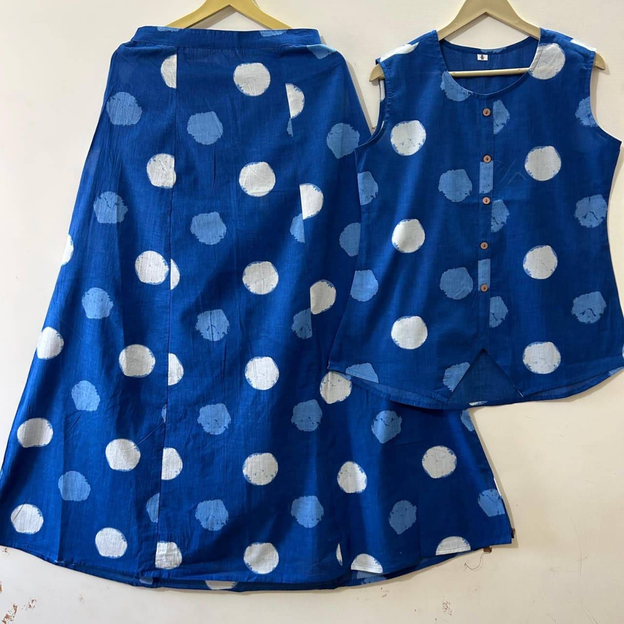 Women’s Blue Polka Dot Cotton Co-Ord Set | Sleeveless Top with Wide Leg Palazzo Pants | Stylish Indo-Western Outfit for Women