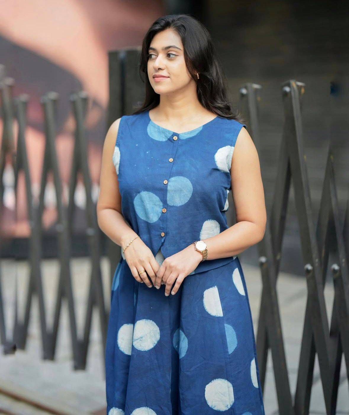 Women’s Blue Polka Dot Cotton Co-Ord Set | Sleeveless Top with Wide Leg Palazzo Pants | Stylish Indo-Western Outfit for Women