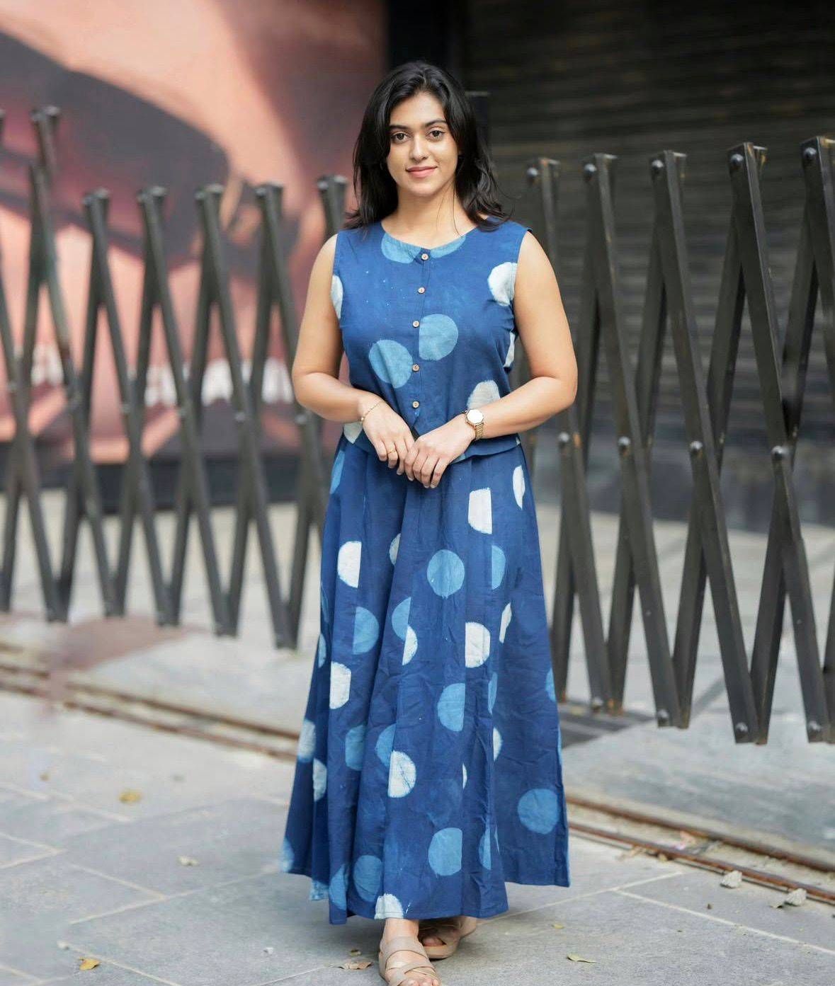 Women’s Blue Polka Dot Cotton Co-Ord Set | Sleeveless Top with Wide Leg Palazzo Pants | Stylish Indo-Western Outfit for Women