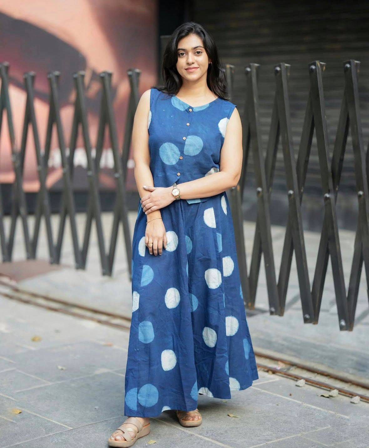 Women’s Blue Polka Dot Cotton Co-Ord Set | Sleeveless Top with Wide Leg Palazzo Pants | Stylish Indo-Western Outfit for Women