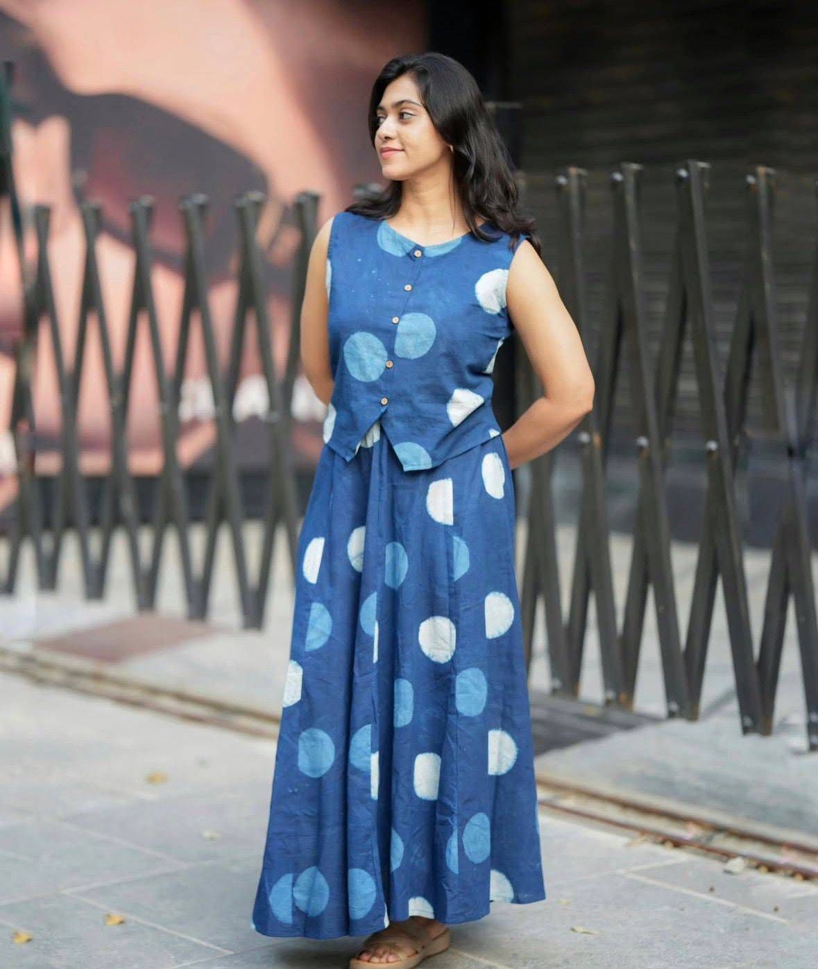 Women’s Blue Polka Dot Cotton Co-Ord Set | Sleeveless Top with Wide Leg Palazzo Pants | Stylish Indo-Western Outfit for Women
