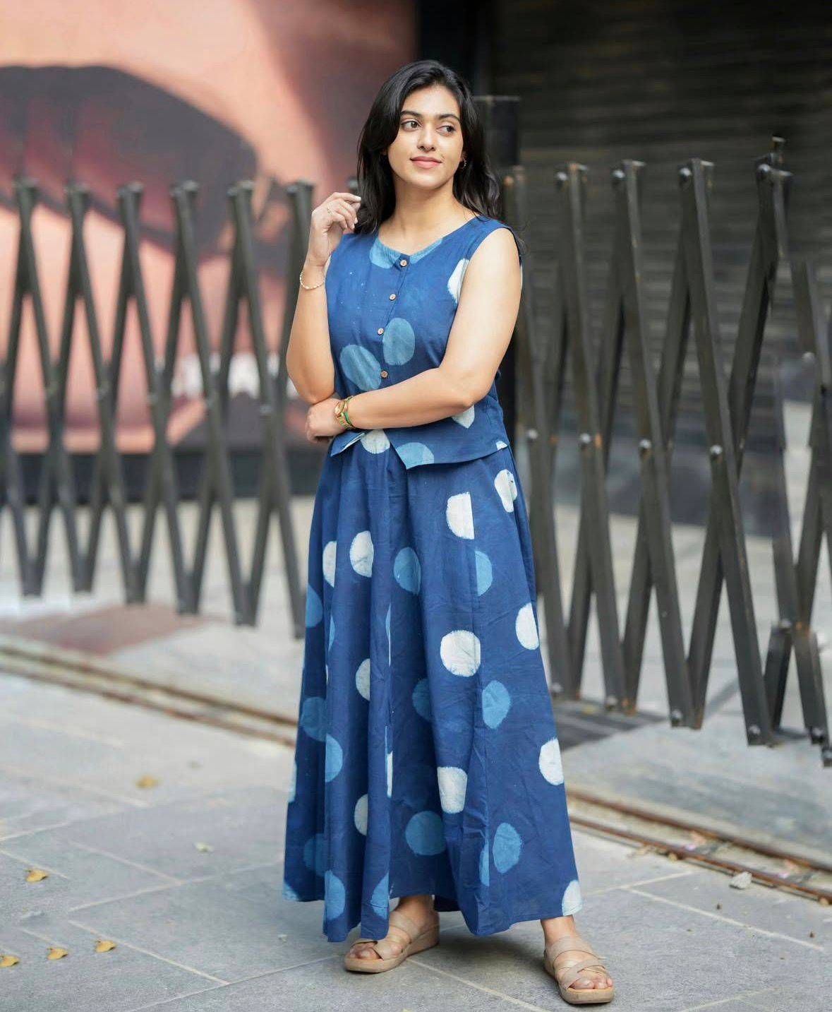 Women’s Blue Polka Dot Cotton Co-Ord Set | Sleeveless Top with Wide Leg Palazzo Pants | Stylish Indo-Western Outfit for Women