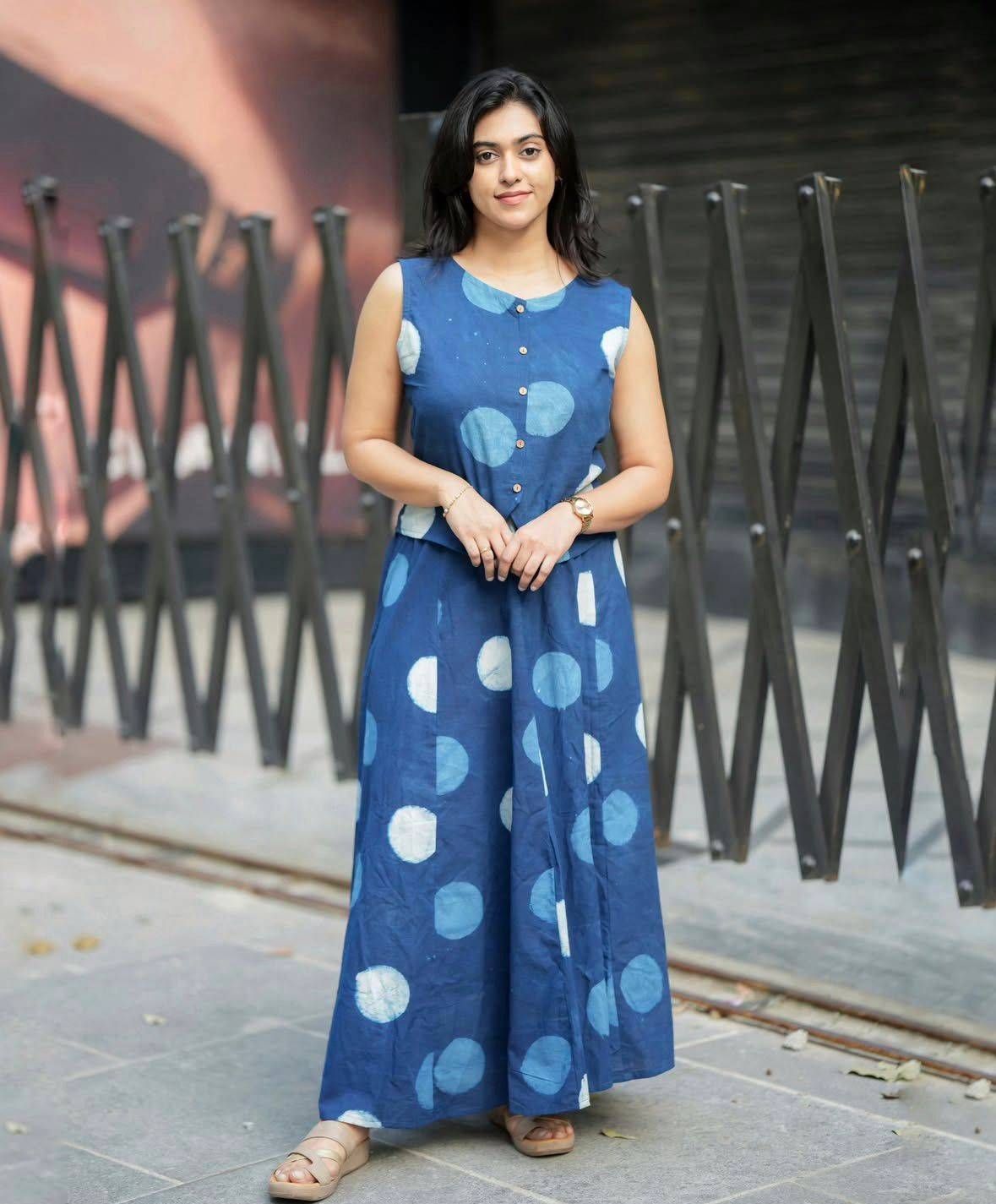 Women’s Blue Polka Dot Cotton Co-Ord Set | Sleeveless Top with Wide Leg Palazzo Pants | Stylish Indo-Western Outfit for Women
