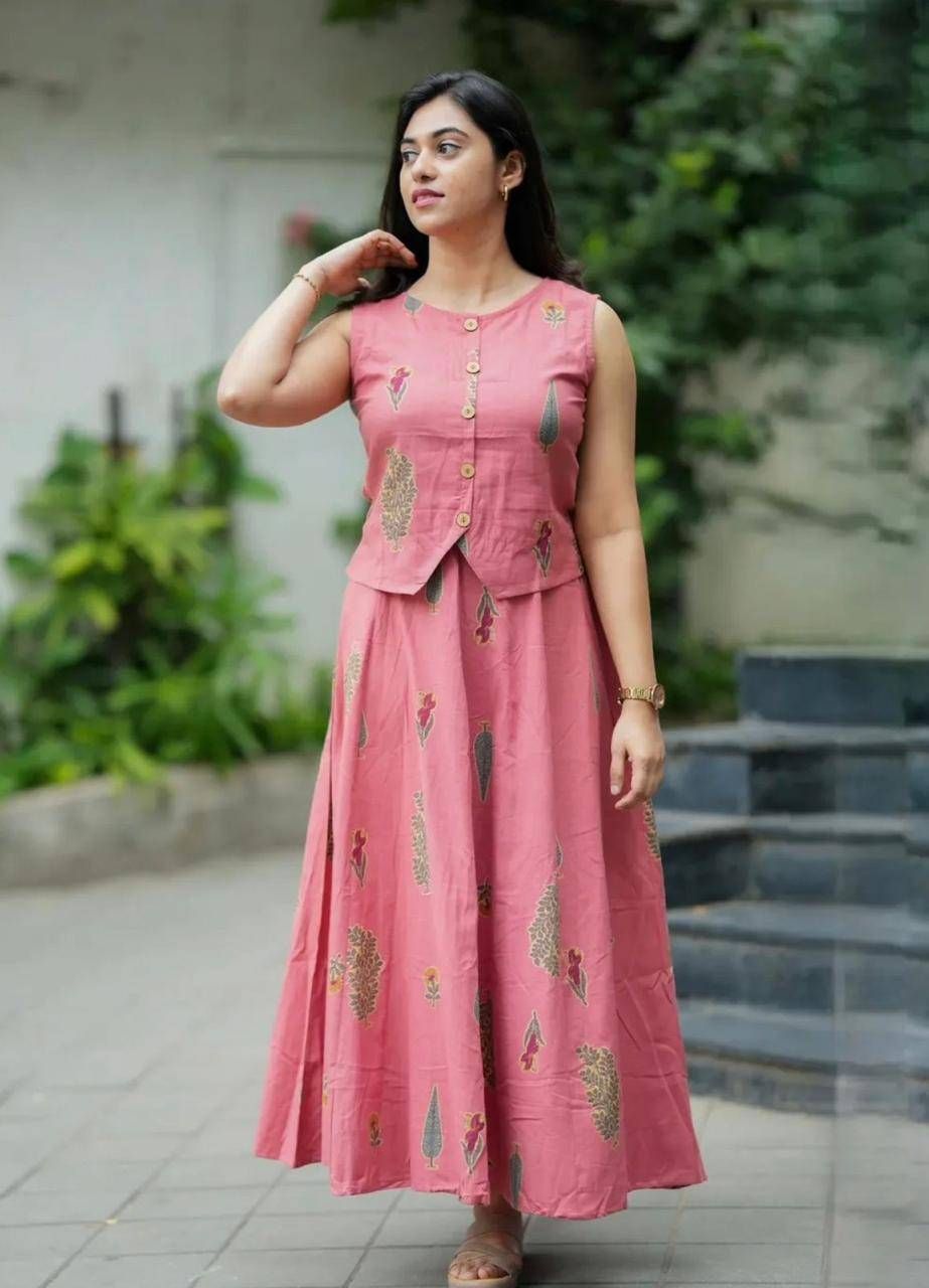 Women's Pink Floral Block Print Cotton Co-ord Set | Sleeveless Crop Top & Maxi Skirt | Ethnic Fusion Wea