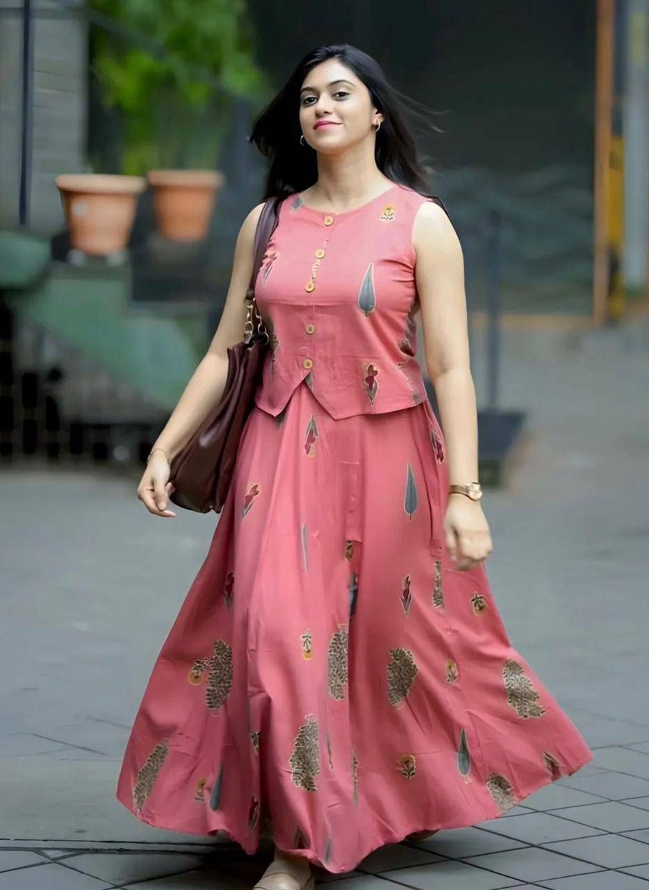 Women's Pink Floral Block Print Cotton Co-ord Set | Sleeveless Crop Top & Maxi Skirt | Ethnic Fusion Wea