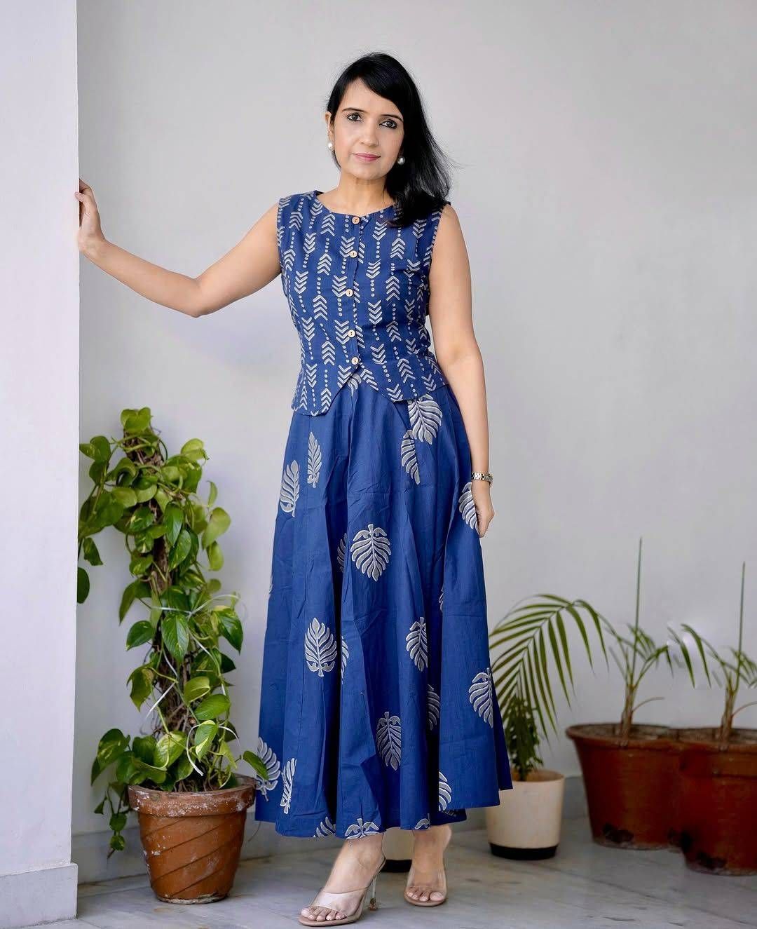 Women's Navy Blue Leaf Block Print Cotton Co-ord Set | Sleeveless Koti Top & Flared Maxi Skirt | Indo-Western Ethnic Wear