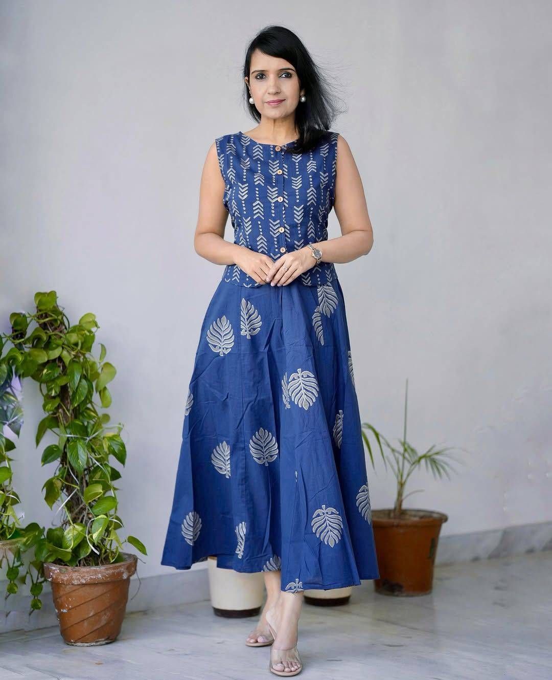 Women's Navy Blue Leaf Block Print Cotton Co-ord Set | Sleeveless Koti Top & Flared Maxi Skirt | Indo-Western Ethnic Wear
