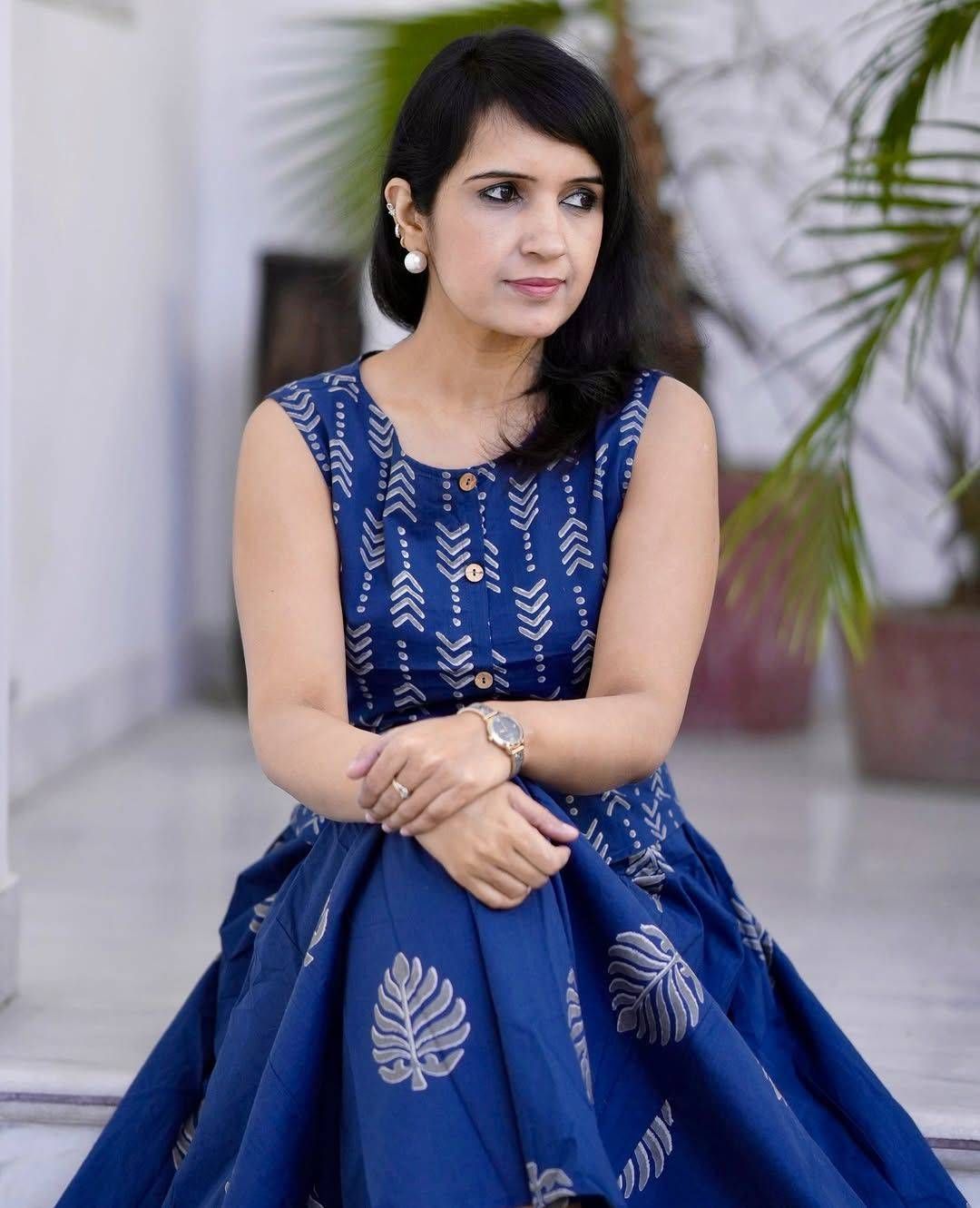 Women's Navy Blue Leaf Block Print Cotton Co-ord Set | Sleeveless Koti Top & Flared Maxi Skirt | Indo-Western Ethnic Wear