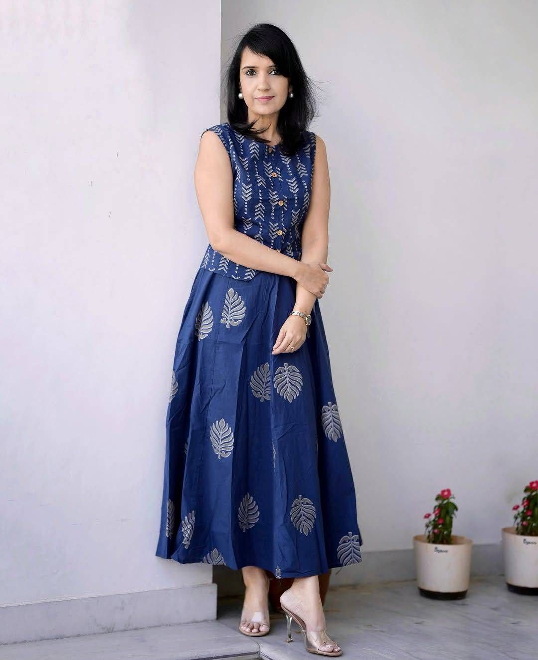 Women's Navy Blue Leaf Block Print Cotton Co-ord Set | Sleeveless Koti Top & Flared Maxi Skirt | Indo-Western Ethnic Wear