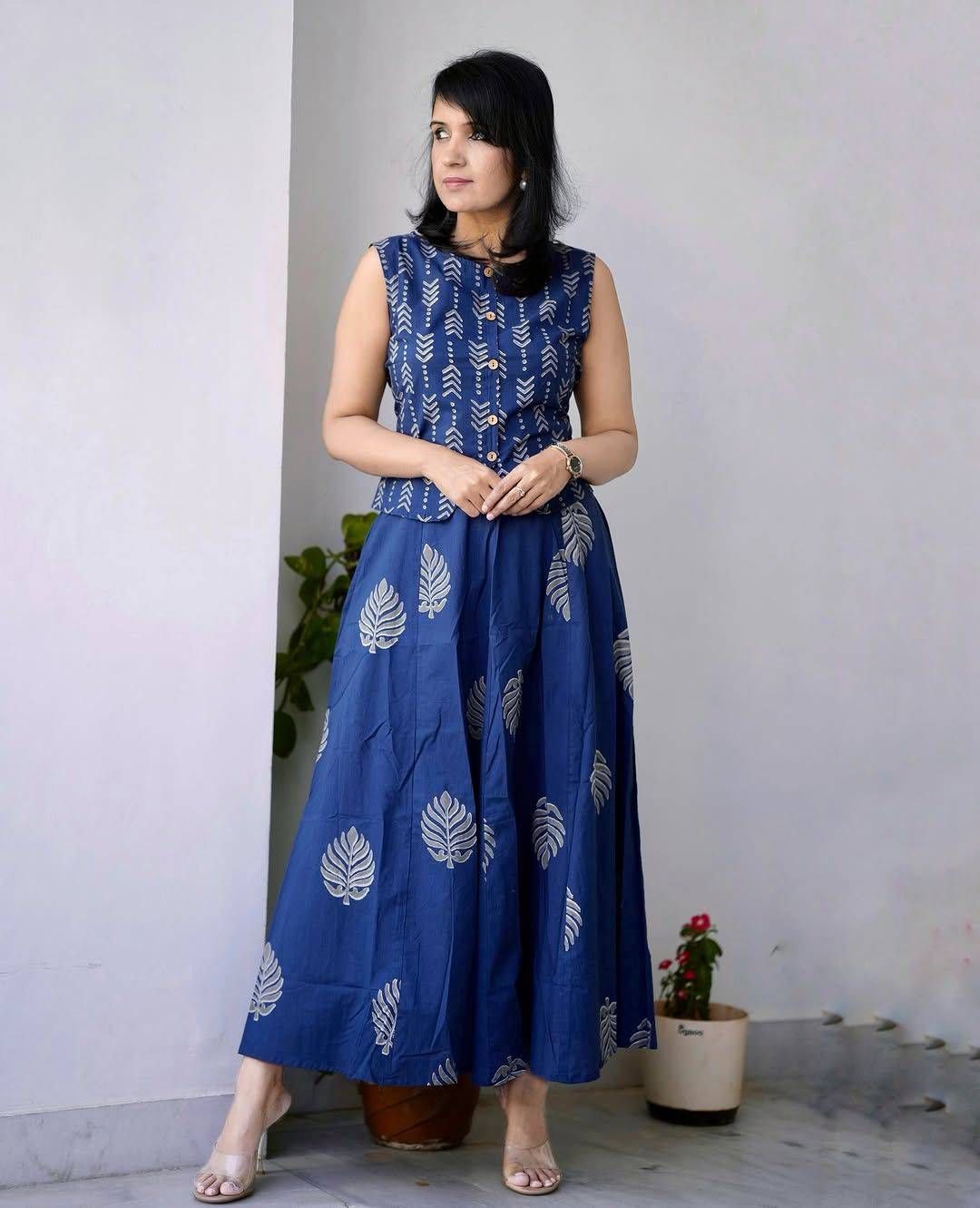 Women's Navy Blue Leaf Block Print Cotton Co-ord Set | Sleeveless Koti Top & Flared Maxi Skirt | Indo-Western Ethnic Wear